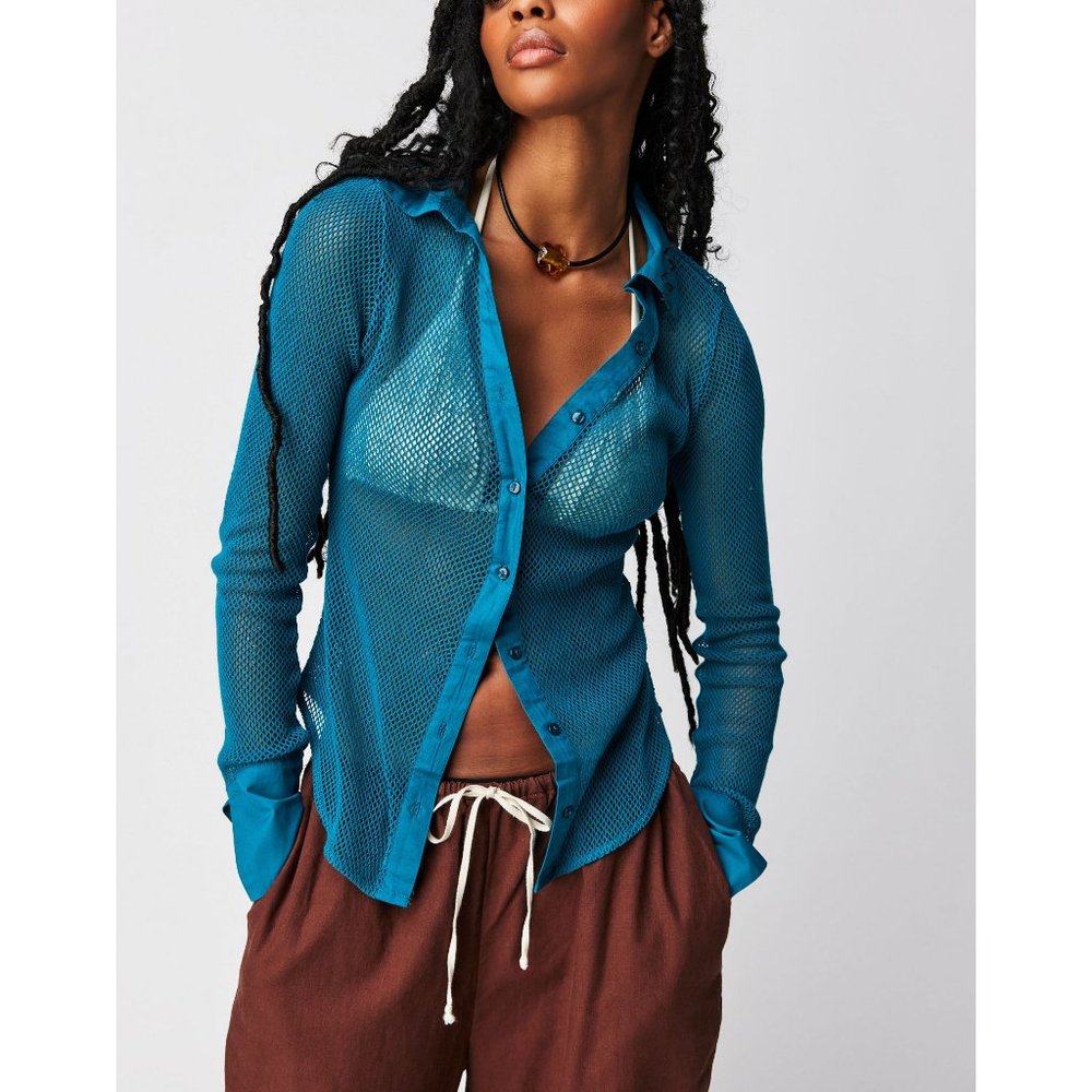 FREE PEOPLE Siggi Button Down Shirt / Crystal Teal NWOT